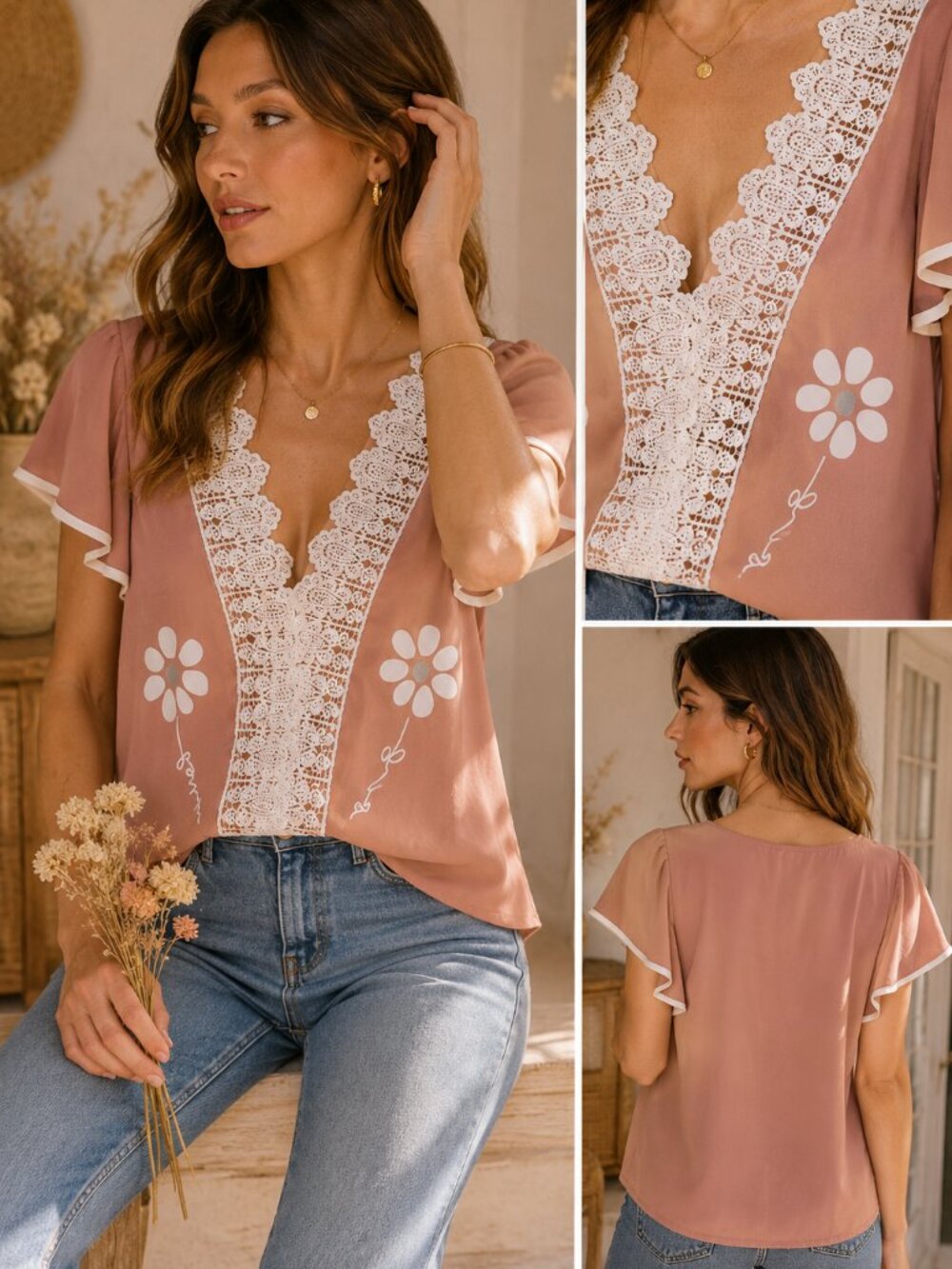 Romantic Lace Trim Blush Top Sheer Flutter Sleeve Feminine Cottagecore Blouse M